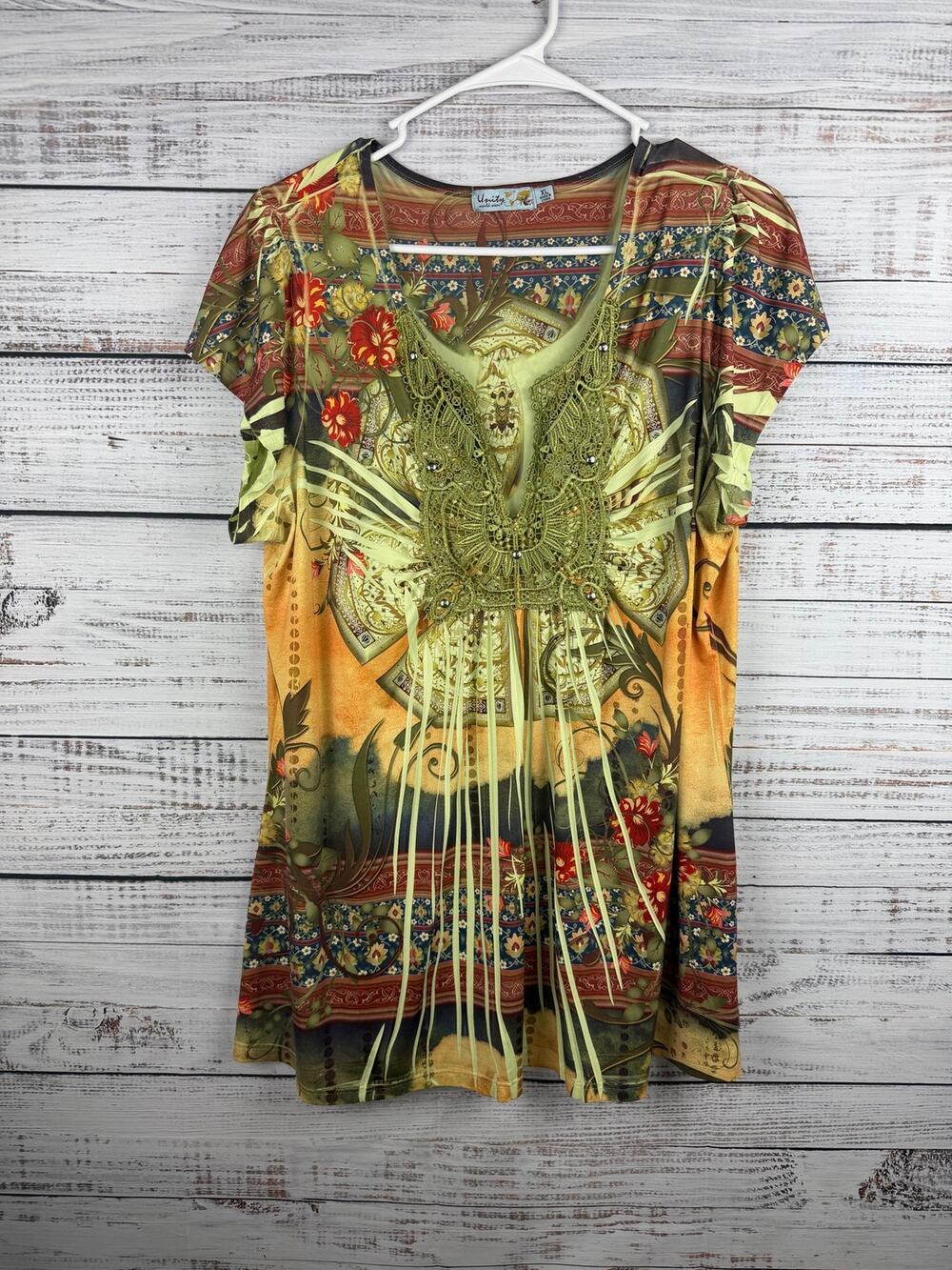 World Unity Top Womens XL Green Tunic Embellished Boho Festival Hippie Artsy Y2K